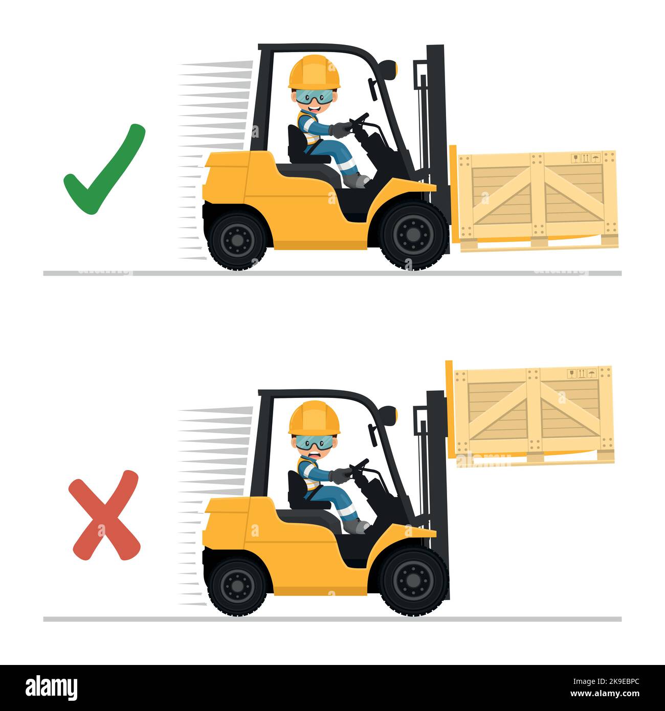 Ne pas conduire avec les fourches levées ou avec une charge levée. Sécurité lors de la manipulation d'un chariot élévateur. La sécurité avant tout. Prévention des accidents au travail. Industr Illustration de Vecteur