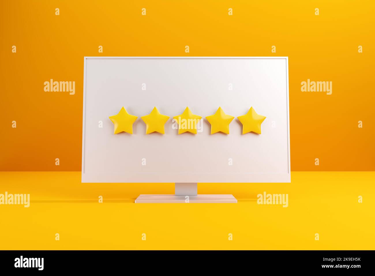 Évaluation des clients en ligne, commentaires, satisfaction du service et concept d'évaluation. Cinq étoiles sur l'écran de l'ordinateur. 3D rendu. Banque D'Images