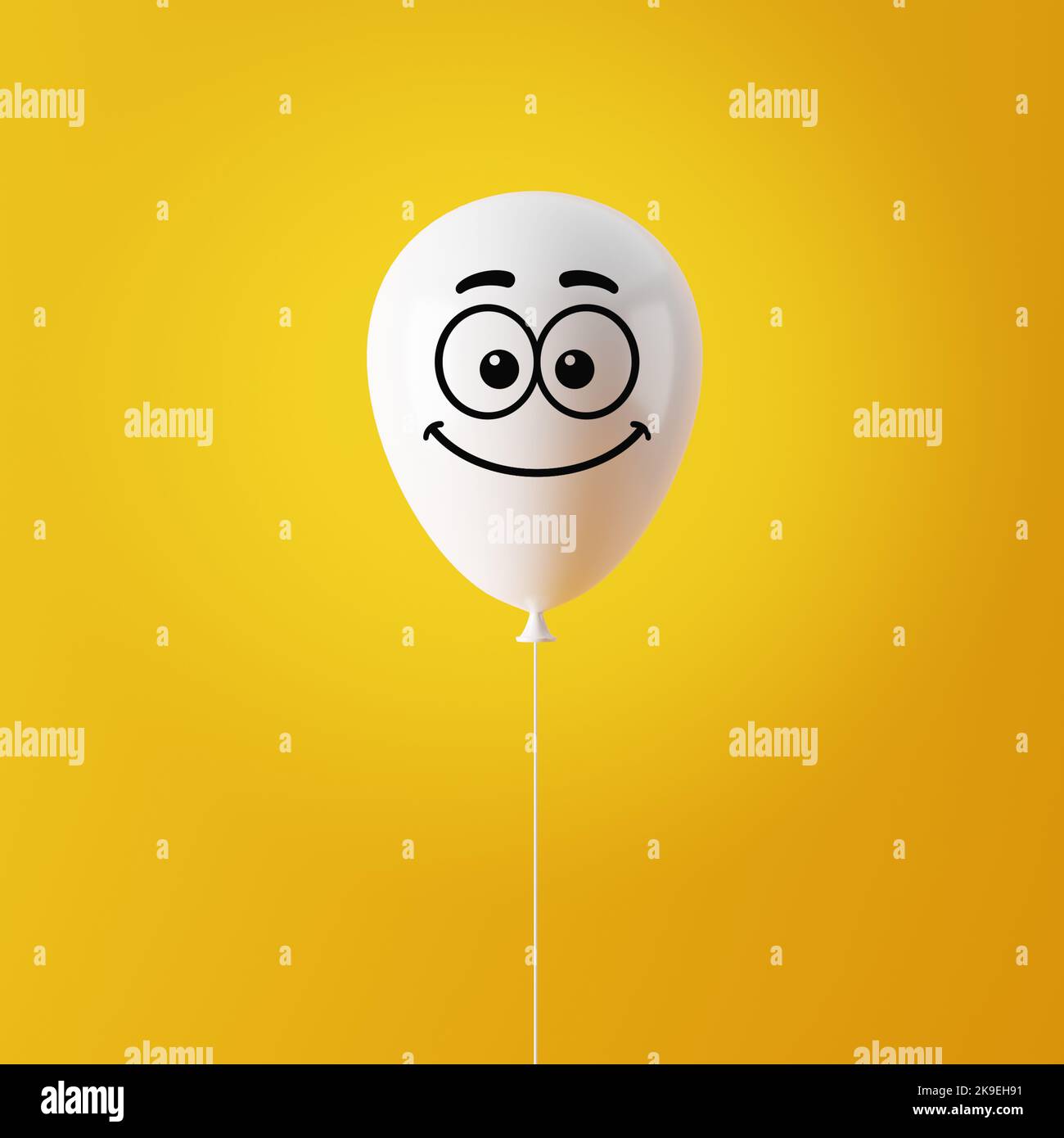 Ballon d'hélium blanc volant avec émoticône souriant sur fond jaune. Satisfaction du client et concept de client heureux. 3D rendu. Banque D'Images