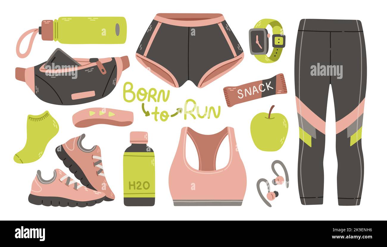 Équipement de course pour Femme. Accessoires de running pour femme. Ensemble de fitness. Vêtements de sport, montre de sport, chaussures de course à pied Illustration de Vecteur