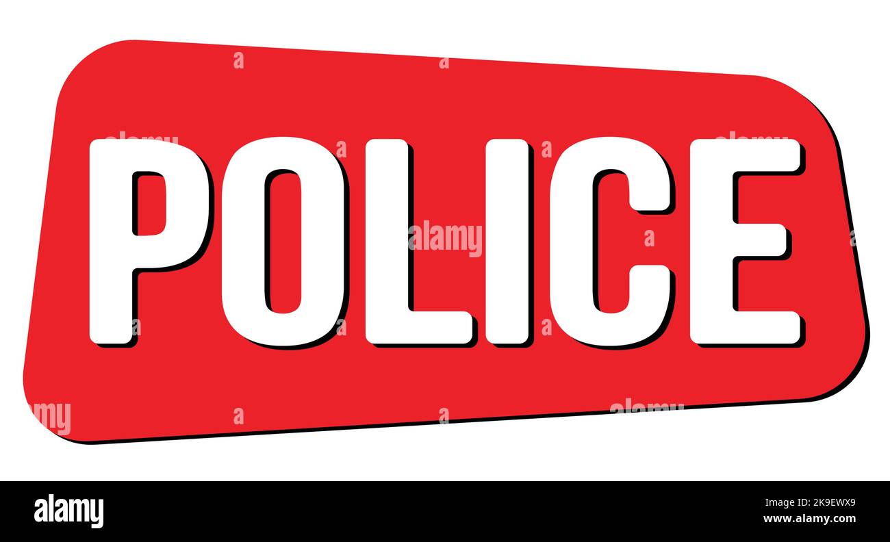 Texte DE POLICE inscrit sur l'étiquette rouge en forme de trapèze. Banque D'Images