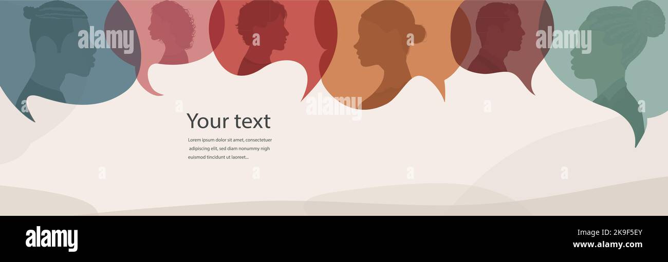 Bulle de parole.Silhouette têtes diverses personnes dans le profil.dialogue de parole et inform.Communicate entre un groupe de personnes multiculturelles qui parlent.équipe Illustration de Vecteur