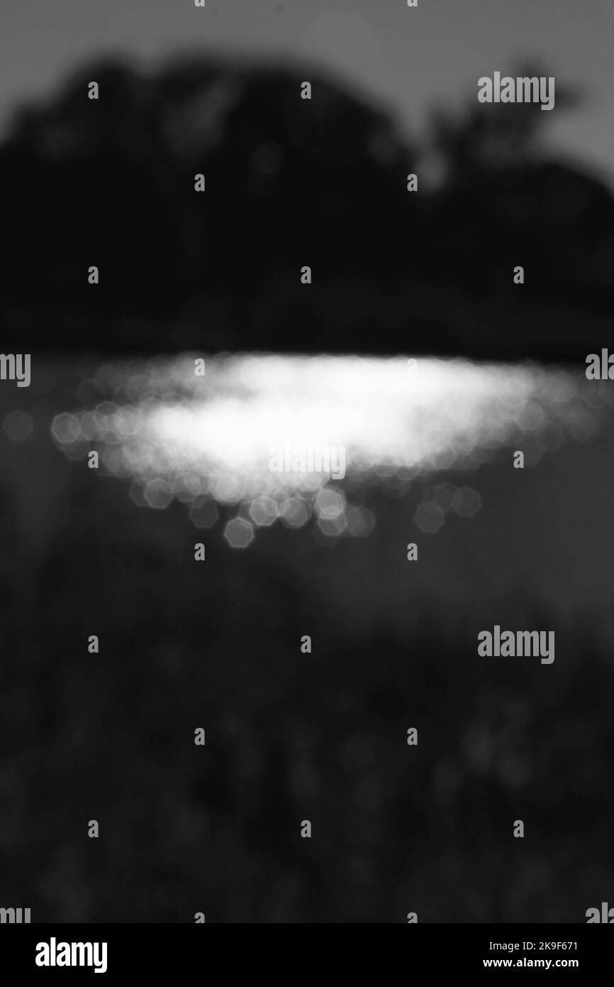 Vue floue et rêveuse de la lumière du soleil scintillant sur la surface de la pondina noir et blanc monochrome. Banque D'Images