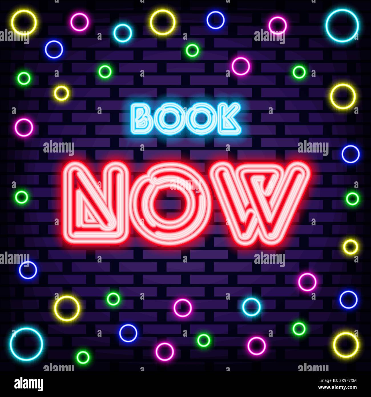 Réservez maintenant panneau Neon. Lumière vive au néon colorée. Bannière lumineuse. Illustration de Vecteur