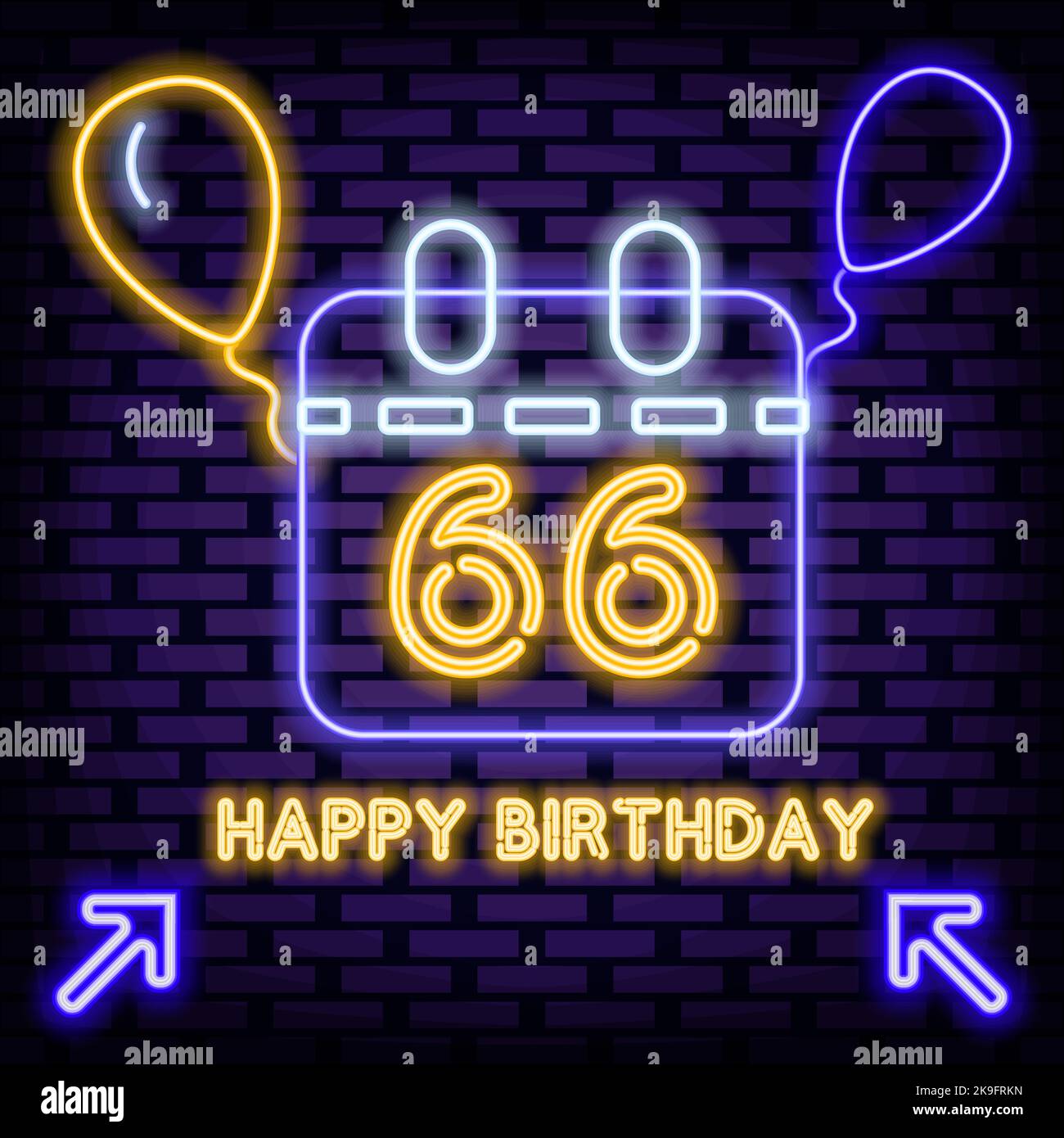 66th affiche « bon anniversaire » Neon de 66 ans. Lumière vive au néon colorée. Art. Léger Illustration de Vecteur