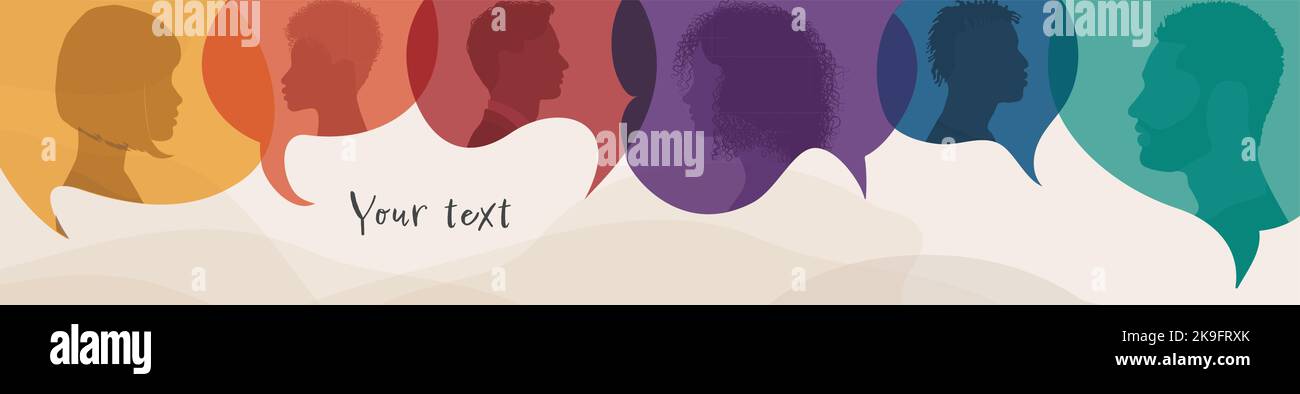 Modèle d'affiche Silhouette dirige les hommes et les femmes dans le profil à l'intérieur de la bulle de parole.parler dialogue et inform.Communicate entre le groupe de multiculturel Illustration de Vecteur