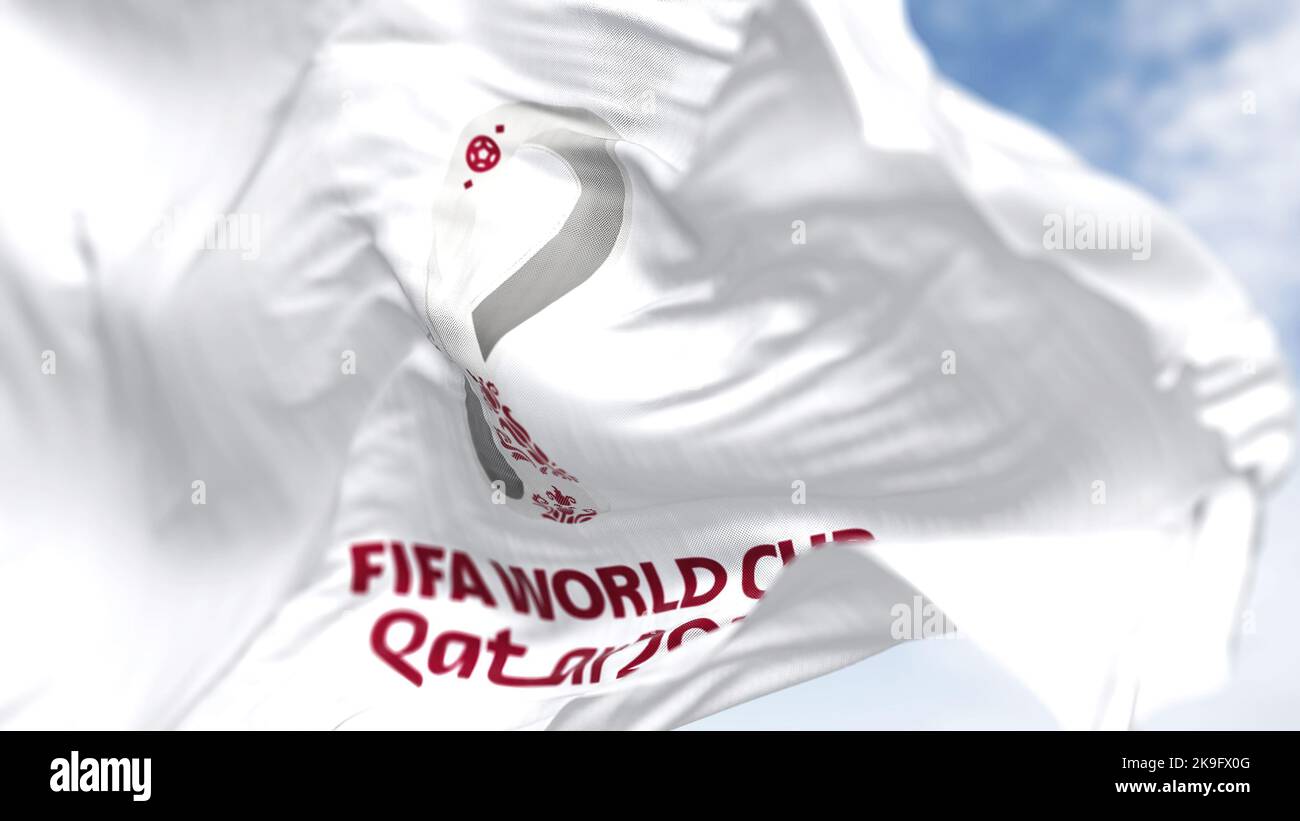 Doha, QA, octobre 2022. Vue rapprochée du drapeau de la coupe du monde FIFA Qatar 2022 qui s'agite dans le vent. La coupe du monde aura lieu au Qatar à partir du 20 novembre Banque D'Images