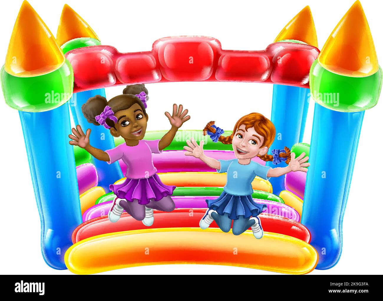 Bouncy House Castle Jumping Girls dessin animé pour enfants Illustration de Vecteur