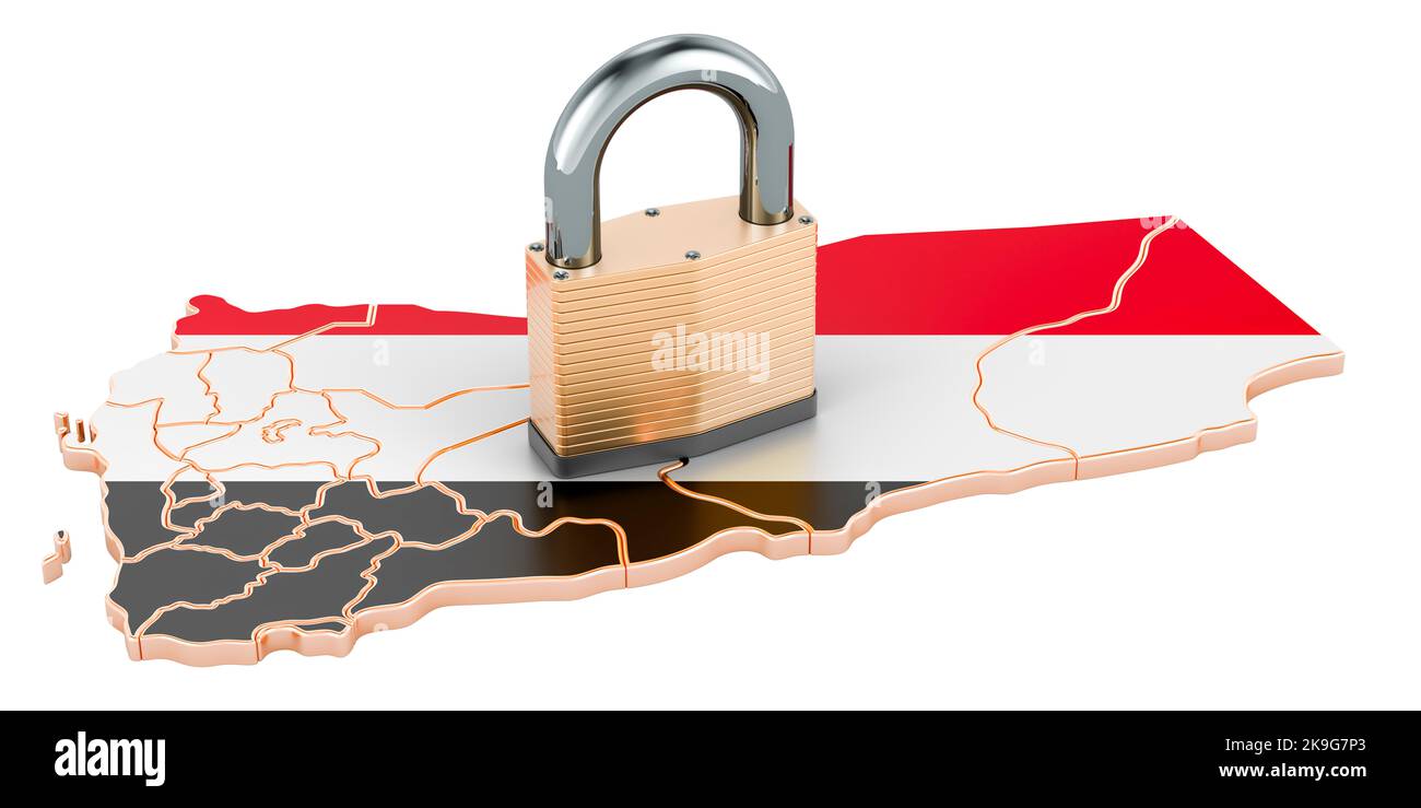 Verrouillage au Yémen. Cadenas avec carte, concept de protection des frontières. 3D rendu isolé sur fond blanc Banque D'Images