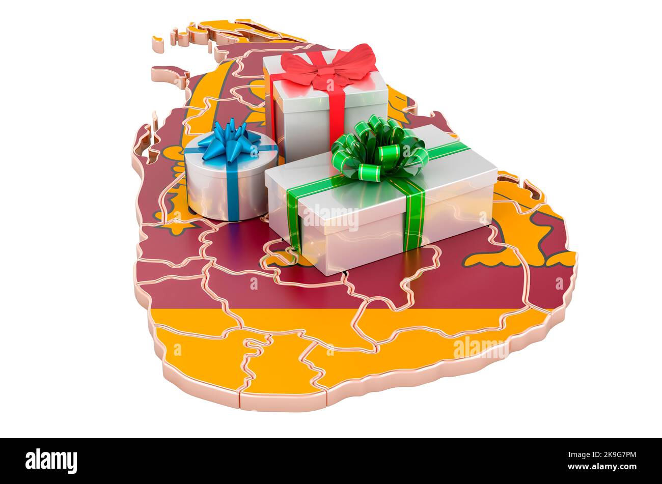 Boîtes-cadeaux sur la carte du Sri Lanka. Noël et vacances du nouvel an au Sri Lanka concept. 3D rendu isolé sur fond blanc Banque D'Images