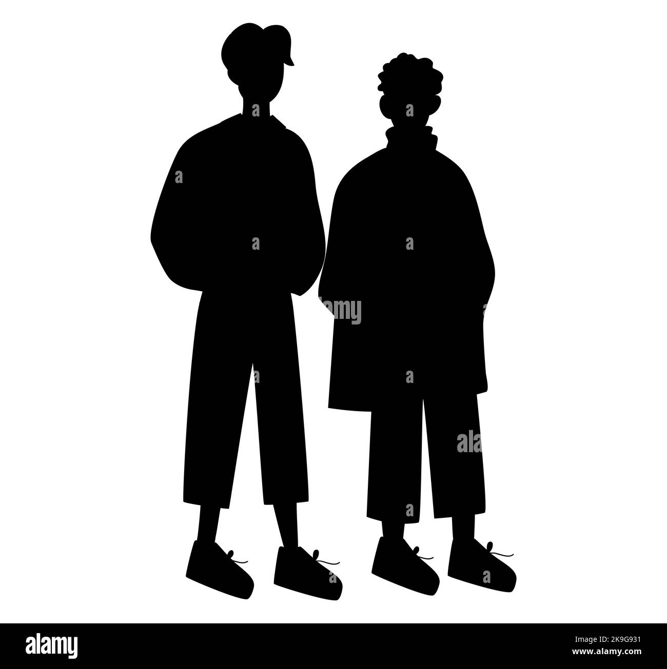 Silhouette noire de deux amis masculins accrochés ensemble, paire de garçons saluant l'un l'autre Illustration de Vecteur