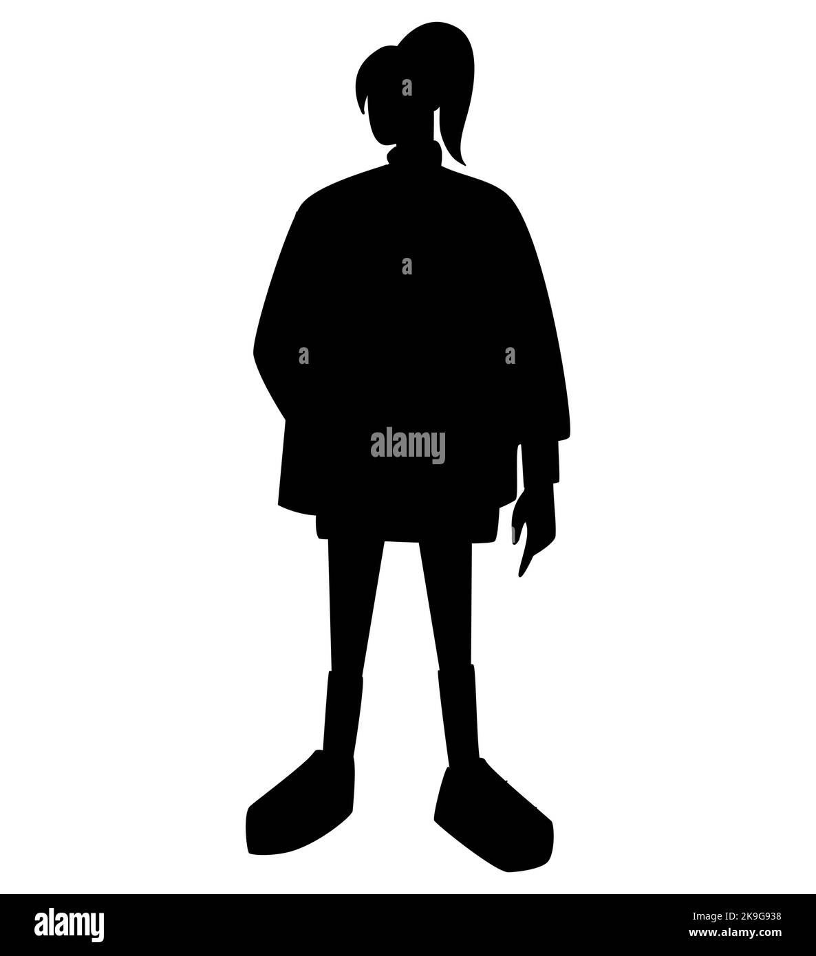 Silhouette noire d'une fille avec une queue de cheval portant une jupe courte et une veste en cuir Illustration de Vecteur