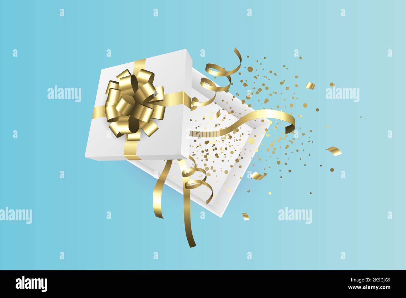 Boîte cadeau ouverte blanche avec noeud doré - motif cadeau de Noël et d'anniversaire Banque D'Images