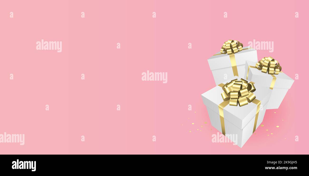 Boîtes-cadeaux avec une bannière en forme de noeud doré - Noël et anniversaire présentent le thème de fond Banque D'Images