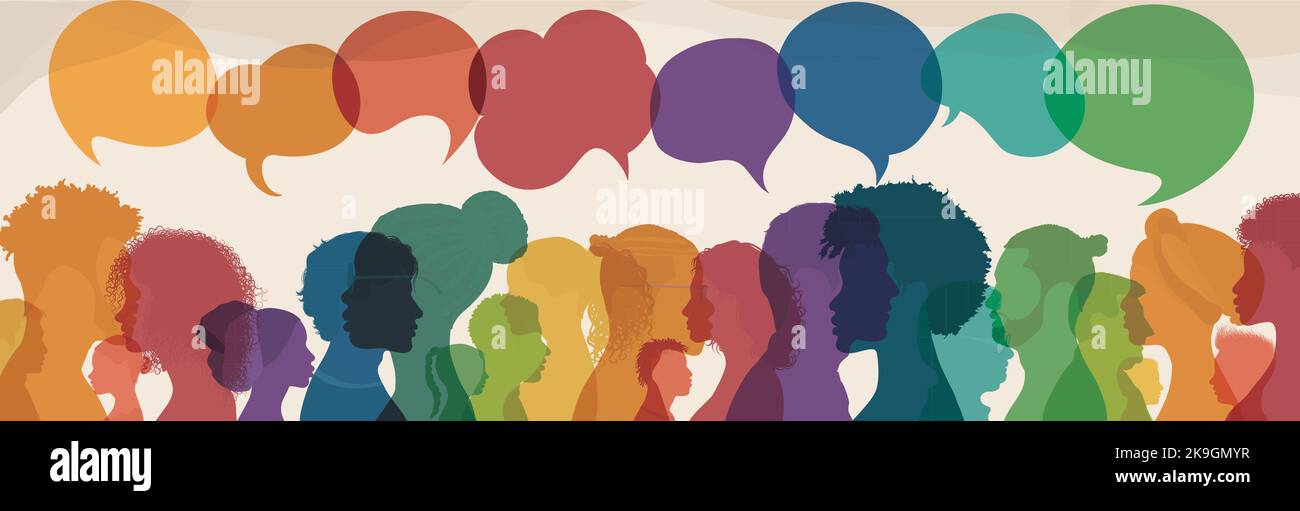 Bulle de parole.Silhouette dirige les hommes et les femmes dans le profil.dialogue de parole et inform.Communicate entre un groupe de personnes multiculturelles qui parlent. Équipe Illustration de Vecteur
