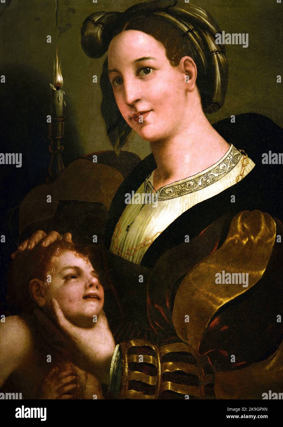 Lady jouant avec Putto 1585 par Peintre Emiliano vers 1580-1590 16th siècle Italie, italienne. ( Figure allégorique ) Banque D'Images
