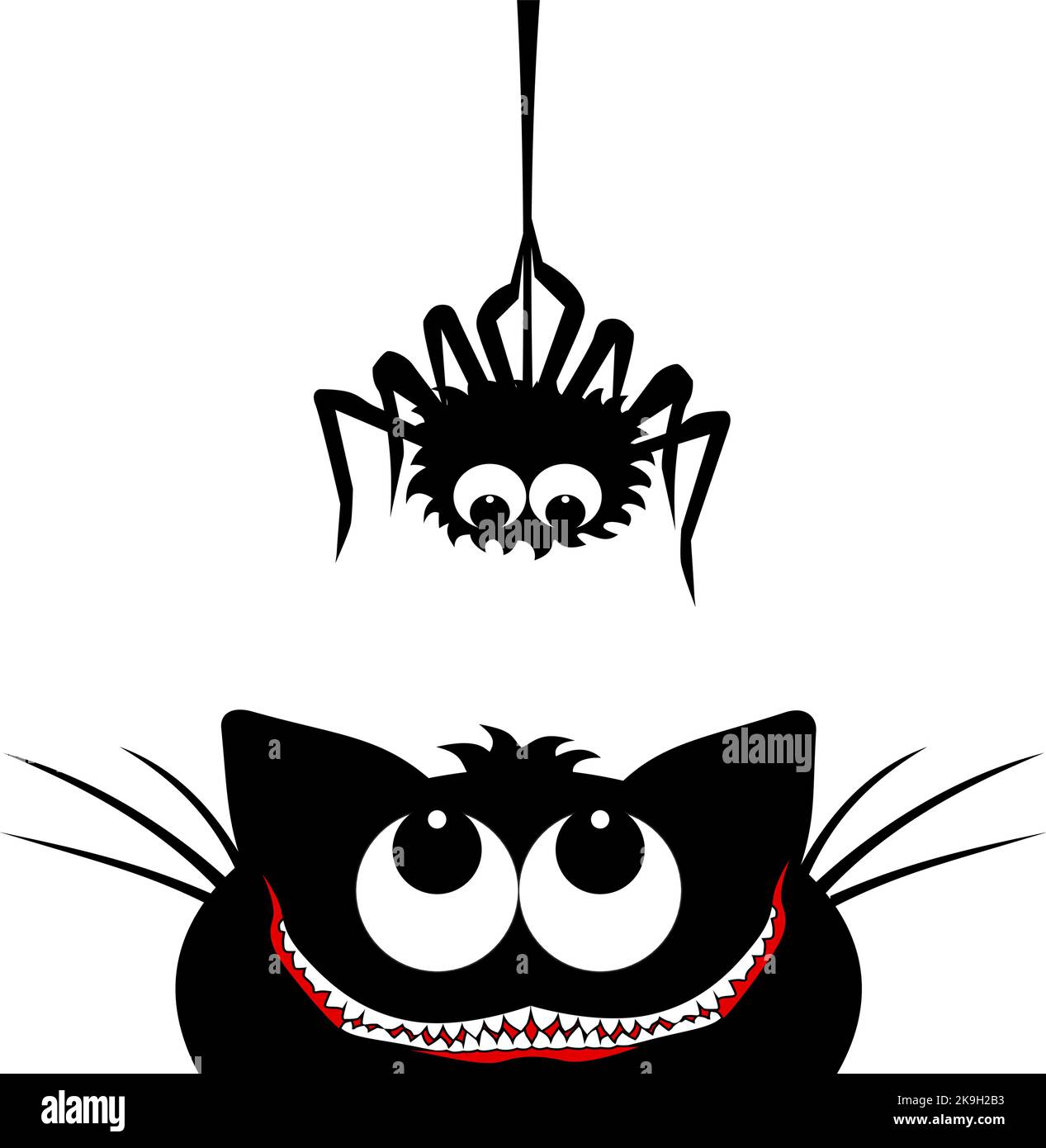 Visage de chat noir souriant regardant vers le haut de pendaison sur la toile d'araignée de ligne de tableau de bord insecte. Élément vectoriel Halloween sur fond transparent Illustration de Vecteur