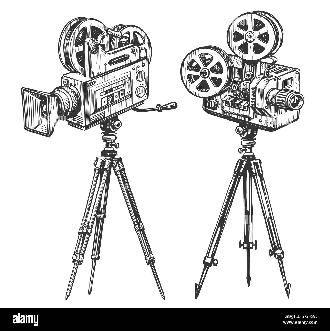 Appareil photo rétro dessiné à la main. Vidéo projecteur vintage sur trépied. Illustration d'esquisse isolée sur fond blanc Banque D'Images