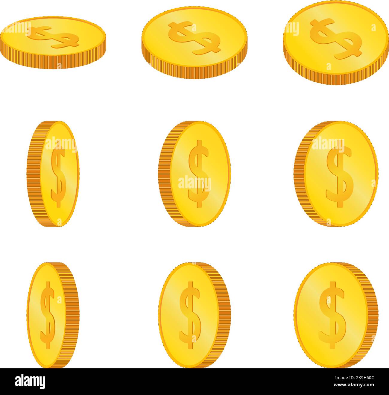 Dollar. 3D pièces physiques isométriques. Devise. Pièces d'or avec symbole dollar isolé sur fond noir. Illustration vectorielle Illustration de Vecteur