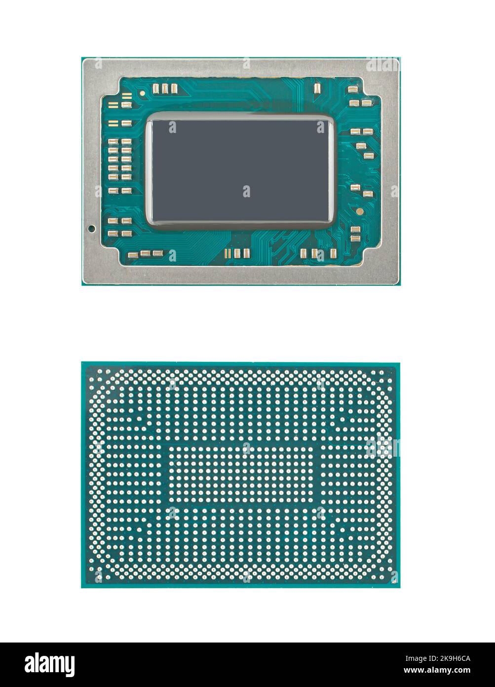 microchip, processeur pour ordinateur portable, vue de deux côtés, sur un arrière-plan noir isolé Banque D'Images