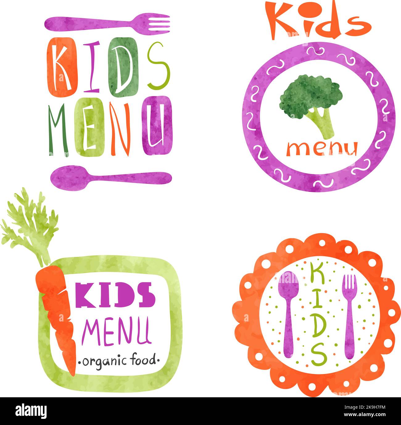 Ensemble de motifs représentant un menu enfant aquarelle. Collection d'emblèmes de menu vectoriels colorés Illustration de Vecteur