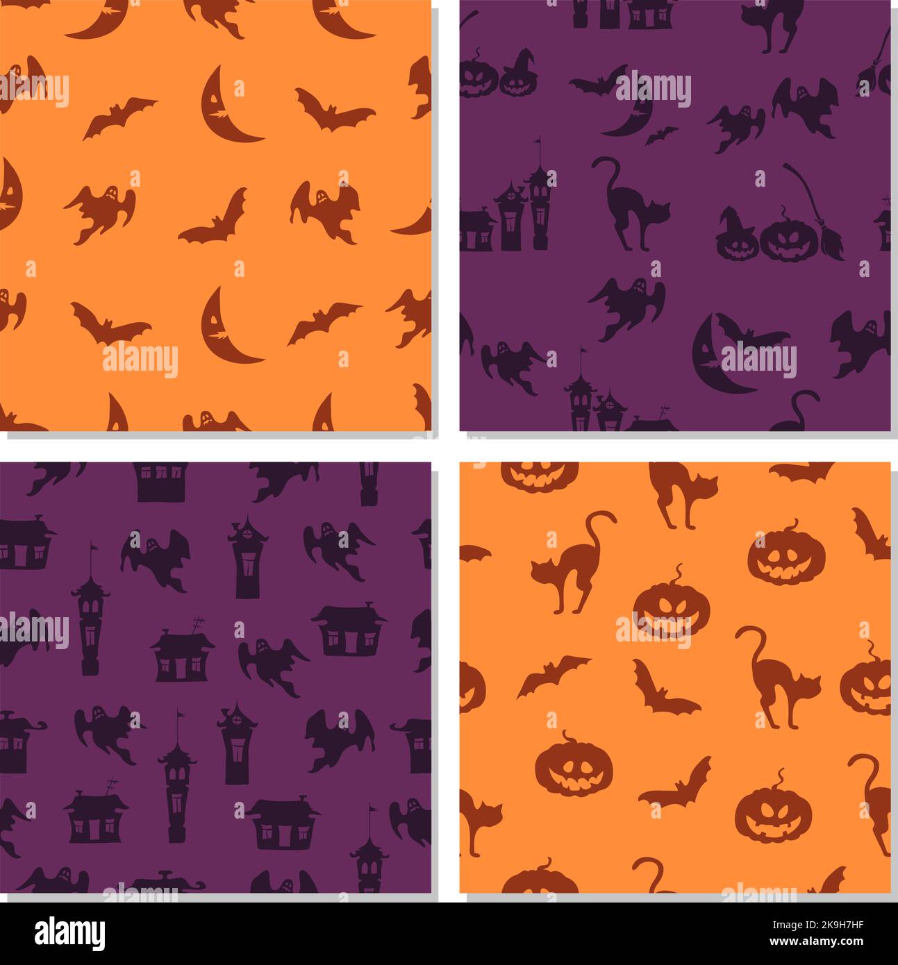 Ensemble de motifs sans couture pour Halloween dans les couleurs orange et pourpre. Collection d'arrière-plans vectoriels de vacances Illustration de Vecteur