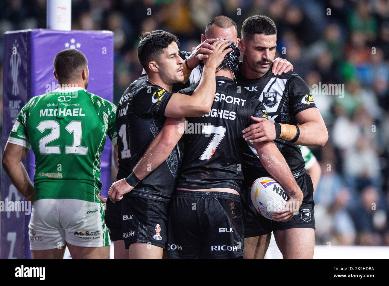Leeds, Royaume-Uni. 28th octobre 2022 - coupe du monde de rugby coupe Nouvelle-Zélande contre l'Irlande au stade Headingley, Leeds, Royaume-Uni - Jahrome Hughes de Nouvelle-Zélande célèbre un crédit d'essai: Dean Williams/Alay Live News Banque D'Images