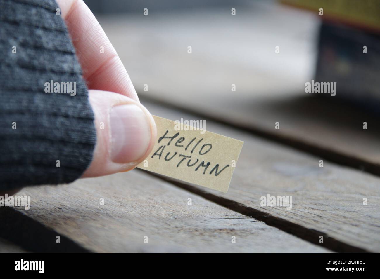 Bonjour automne, concept créatif. L'inscription sur l'étiquette. Banque D'Images