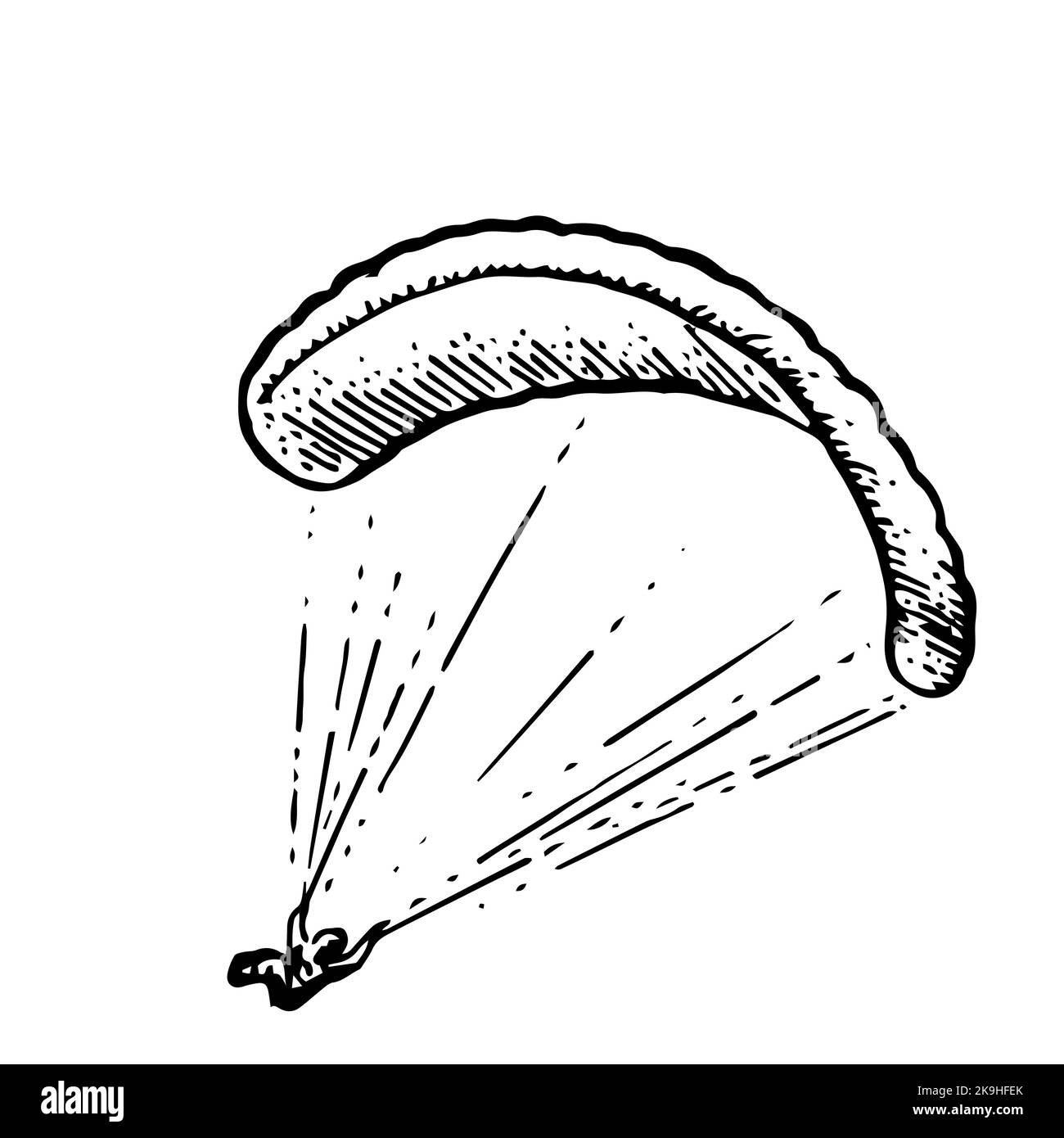 Parapente parachutiste secoué par le vent. Parapente. Air sport extrême. Vol en haute altitude contrôlé. Esquisse de contour dessinée à la main. Isolé sur wh Illustration de Vecteur