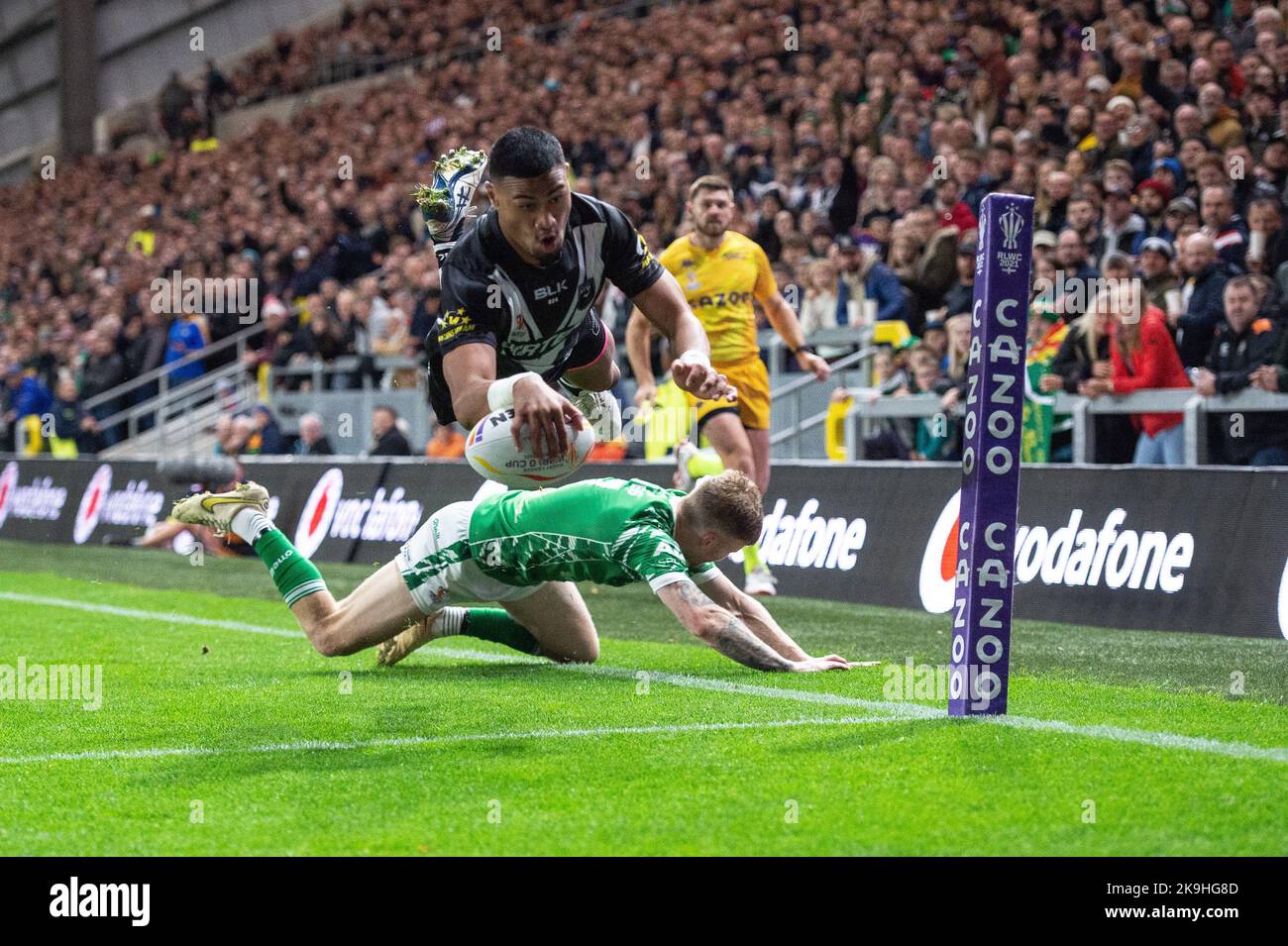 Leeds, Royaume-Uni. 28th octobre 2022 - coupe du monde de rugby coupe Nouvelle-Zélande contre l'Irlande au stade Headingley, Leeds, Royaume-Uni - Ronaldo Mulitalo de Nouvelle-Zélande marque un essai. Crédit : Dean Williams/Alay Live News Banque D'Images