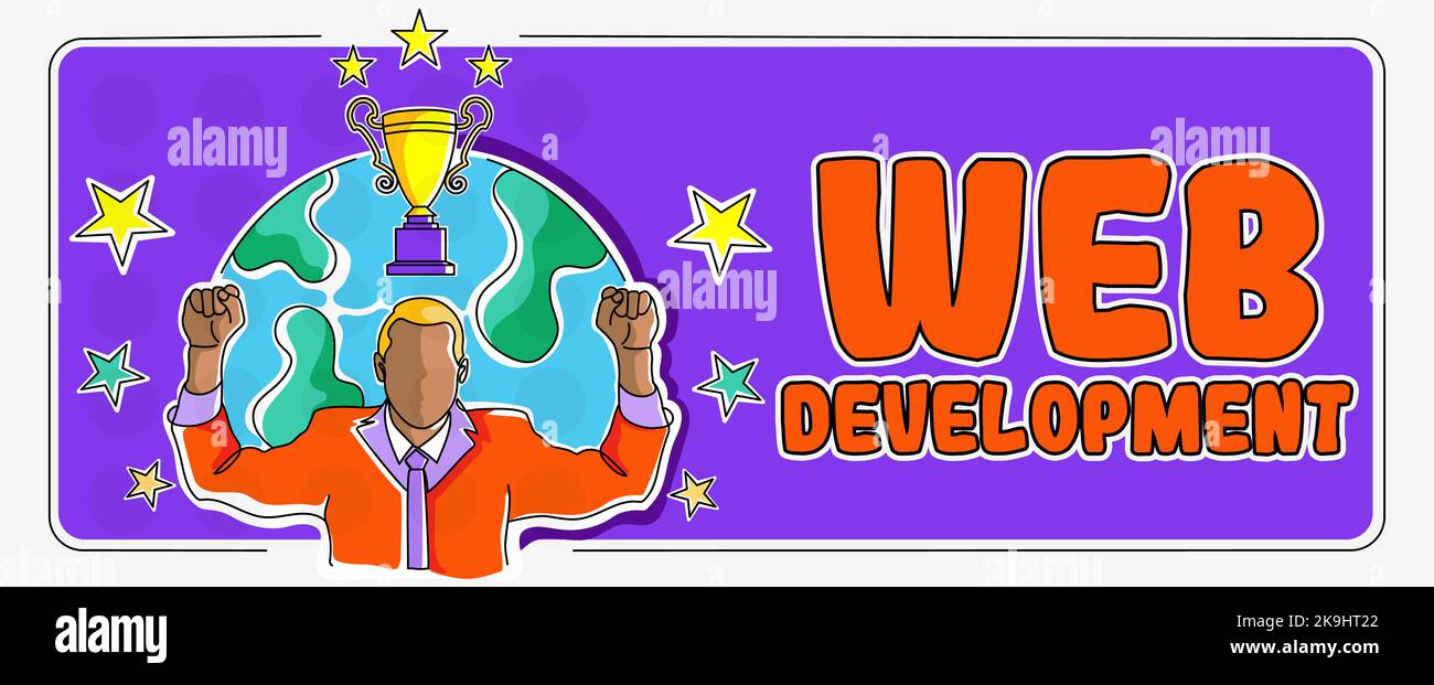 Affiche affichant développement Web. Aperçu des affaires travail impliqué dans le développement d'un site Web pour le professeur d'Internet en costume avec des lunettes de présentation Banque D'Images