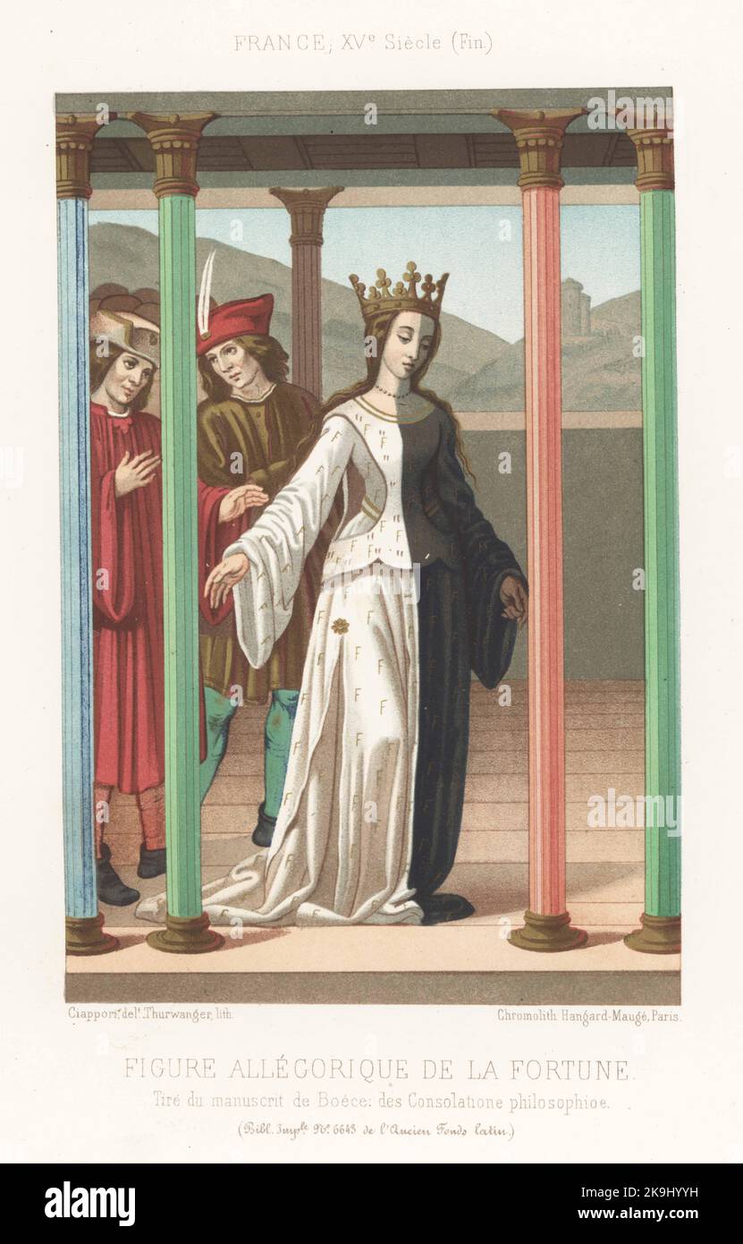Fortune dans la couronne marchant dans une colonnade, France, 15th siècle. En robe en particules, à moitié blanche, à moitié noire, décorée de la lettre F. France, fin du 15th siècle. Tiré d'un manuscrit Boethius, de Consolatione philosophiae, MS 6643, ancien Fonds Latin, Bibliothèque Impériale. Figure allégorique de la Fortune. Chromolithographie de Thurwanger d’après une illustration de Claudius Joseph Cirepai des Arts Somptuaires de Charles Louandre, The Sumptuary Arts, Hangard-Mauge, Paris, 1858. Banque D'Images