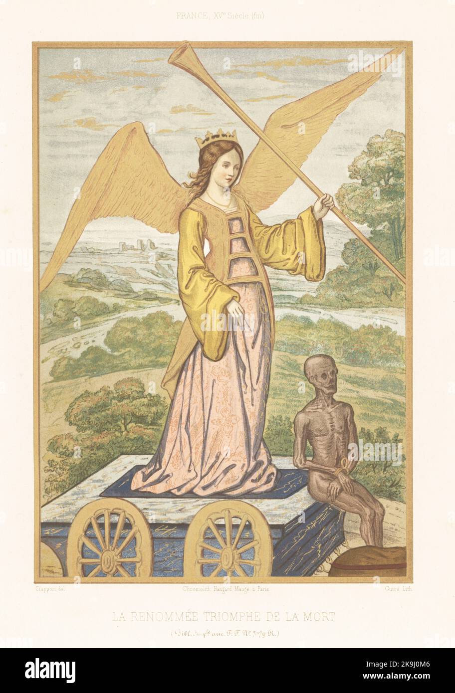 La renommée triomphe de la mort. Une déesse aidée avec couronne et trompette dorée amène le cadavre captif de la mort sur son char. En costume français de la fin du 15th siècle. La Renommee Triomphe de la mort. Tiré d'un manuscrit illustré des triomphes de Petrarch, les Triomphes, anc. F. F. Mme 7079 R (Folio 179r, Francais 594), Bibliothèque Impériale. Chromolithographie de Giare d’après une illustration de Claudius Joseph Cirepai des Arts Somptuaires de Charles Louandre, les Arts Sumptuary, Hangard-Mauge, Paris, 1858. Banque D'Images