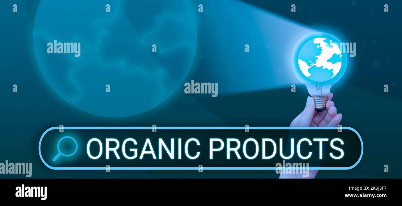 Texte d'écriture produits biologiques. Présentation commerciale de l'environnement de travail dans lequel l'utilisation du papier est éliminée Banque D'Images