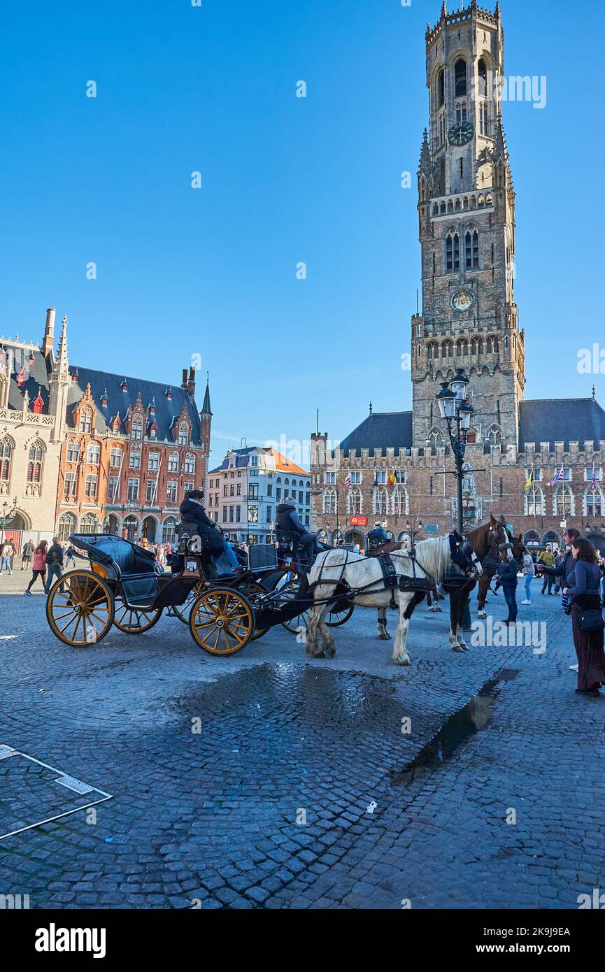 Poney et pièges attendent dans le Markt (place du marché) à Bruges avec le Belrfy de Bruges en arrière-plan. Banque D'Images