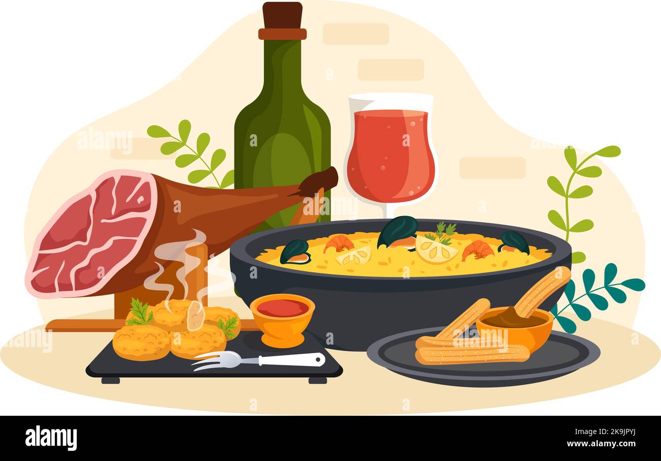 Cuisine espagnole Menu Restaurant avec divers plats traditionnels recette sur plat dessin main dessins modèles Illustration Illustration de Vecteur