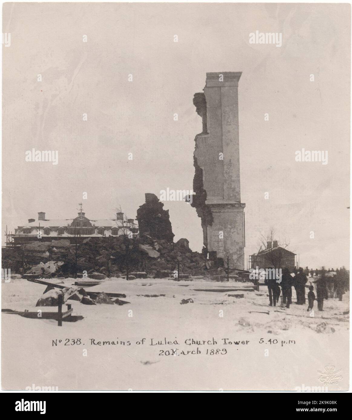 Démolition de la Tour de l'église Gustaf. L'église a brûlé au grand feu en 1887. Banque D'Images