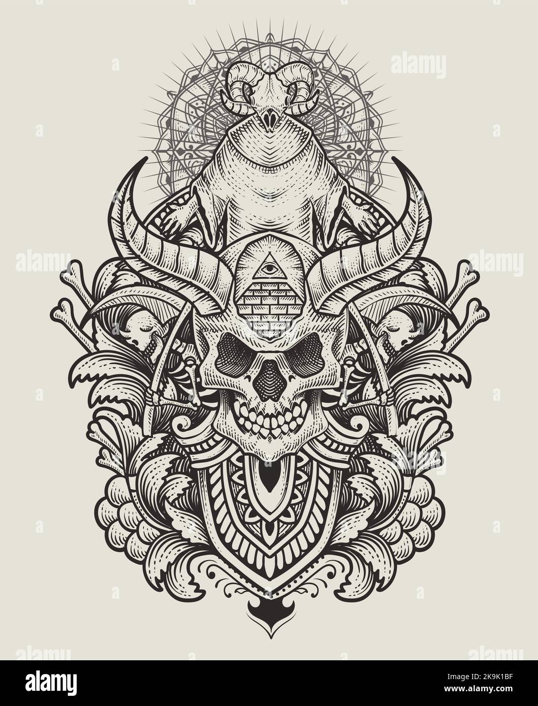 Illustration démon crâne avec style de gravure antique parfait pour T-shirt, sweat à capuche, veste, poster Illustration de Vecteur