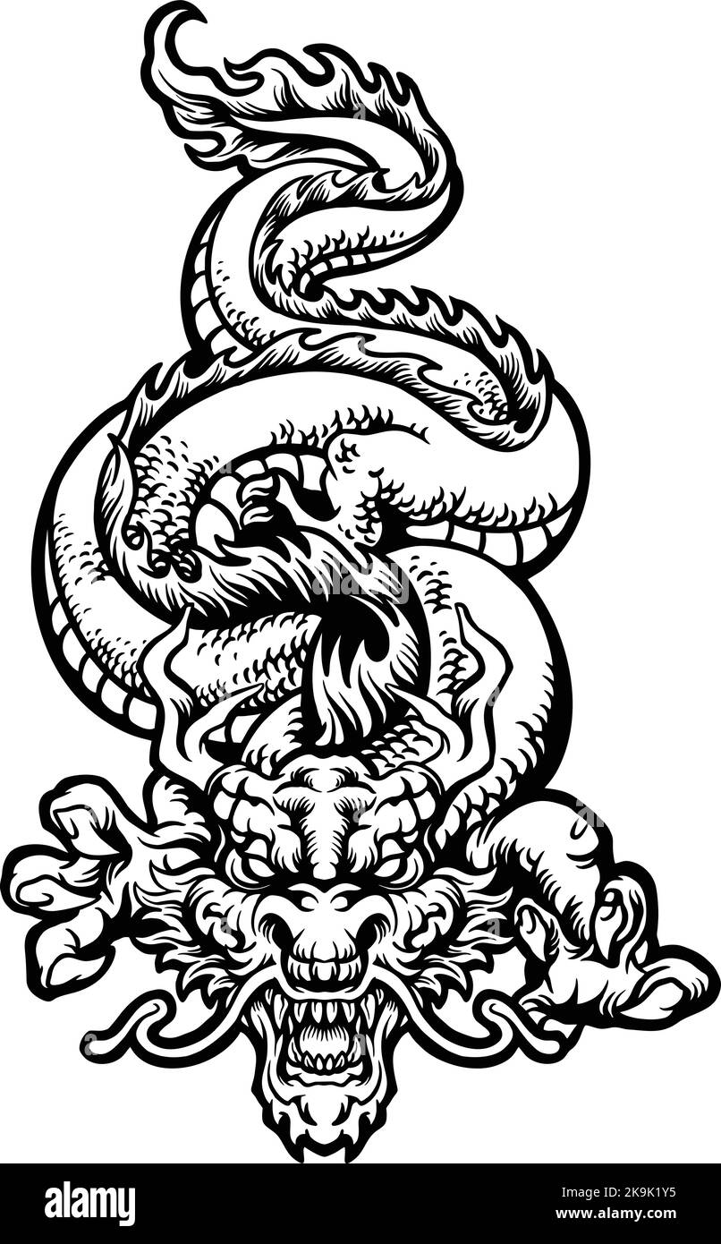 Angry Oriental Dragon Monochrome Clipart illustrations vectorielles pour votre logo de travail, t-shirt de marchandise, autocollants et dessins d'étiquettes, poster Illustration de Vecteur