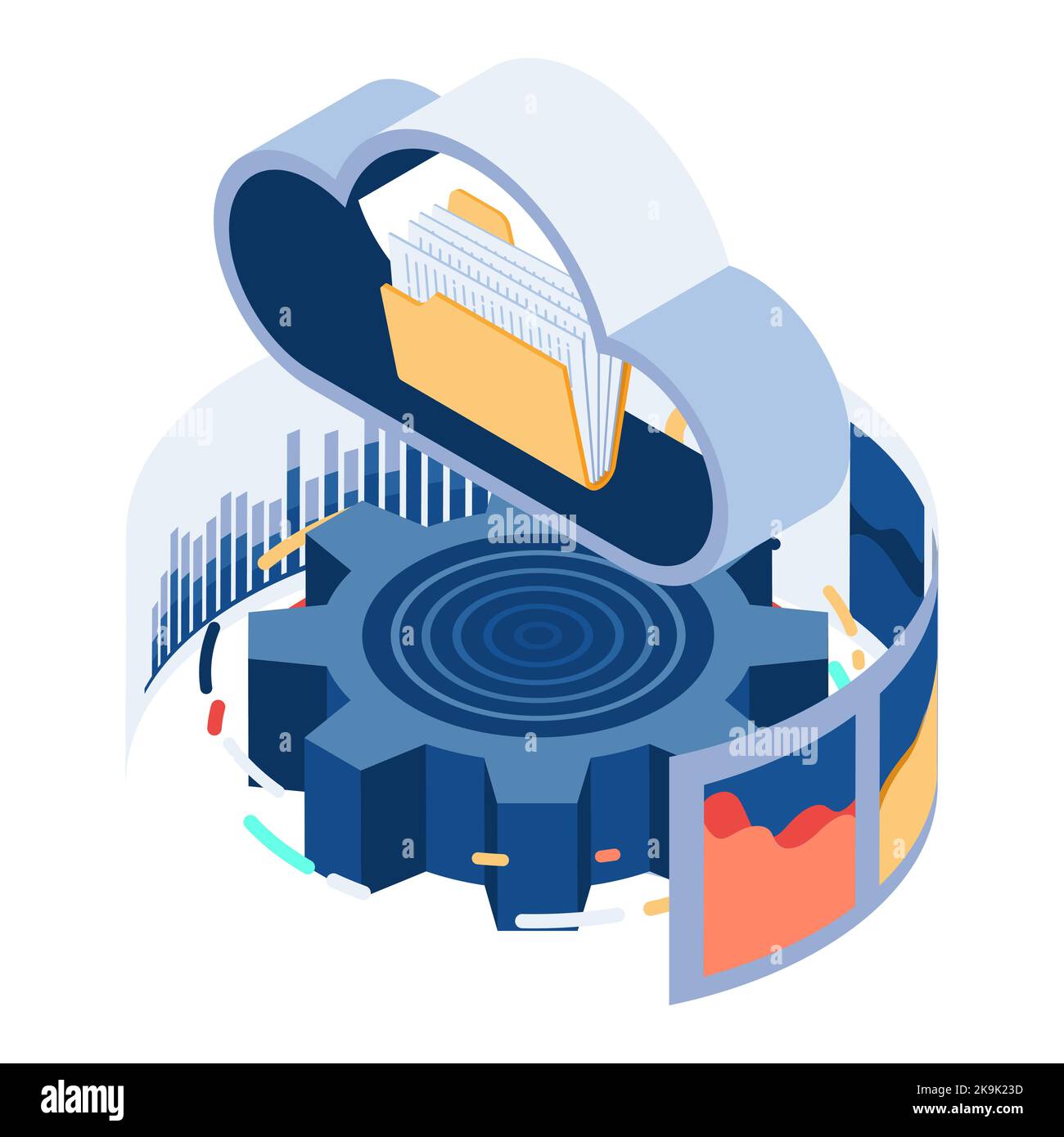 Nuage et dossier isométriques plats 3D avec analyse des données. Cloud Computing et analyse des données. Illustration de Vecteur