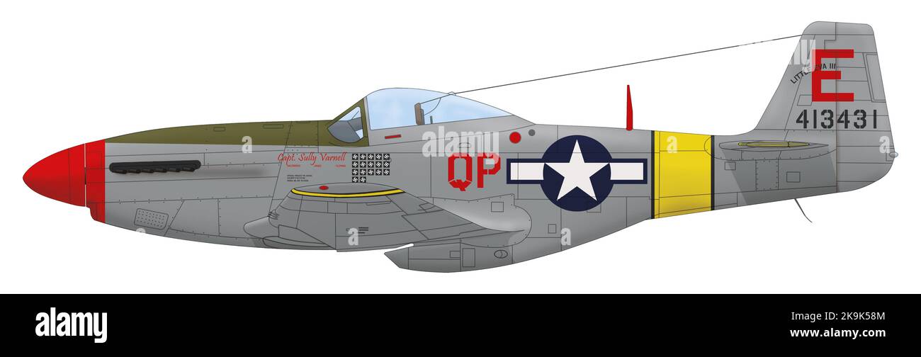 North American P-51D-5-NA Mustang (n/s 44-13431, « Little Eva III ») piloté par James Sullins « Sully » Varnell Jr. De la FS 2nd, 52nd FG, août 1944 Banque D'Images