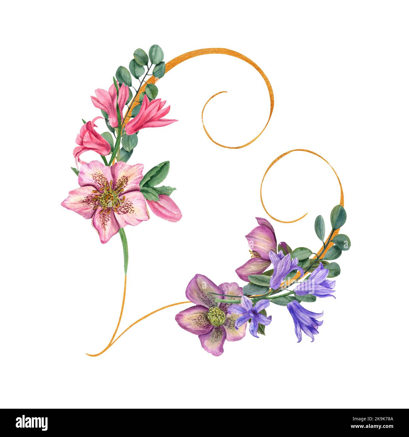 cadre romantique aquarelle avec coeur et fleurs sur fond blanc. Jolie couronne Saint-Valentin pour votre motif. Modèle de mariage à forme ronde Banque D'Images