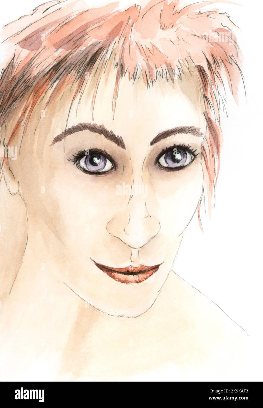 Portrait de femme. Crayon graphite et aquarelle sur papier. Banque D'Images