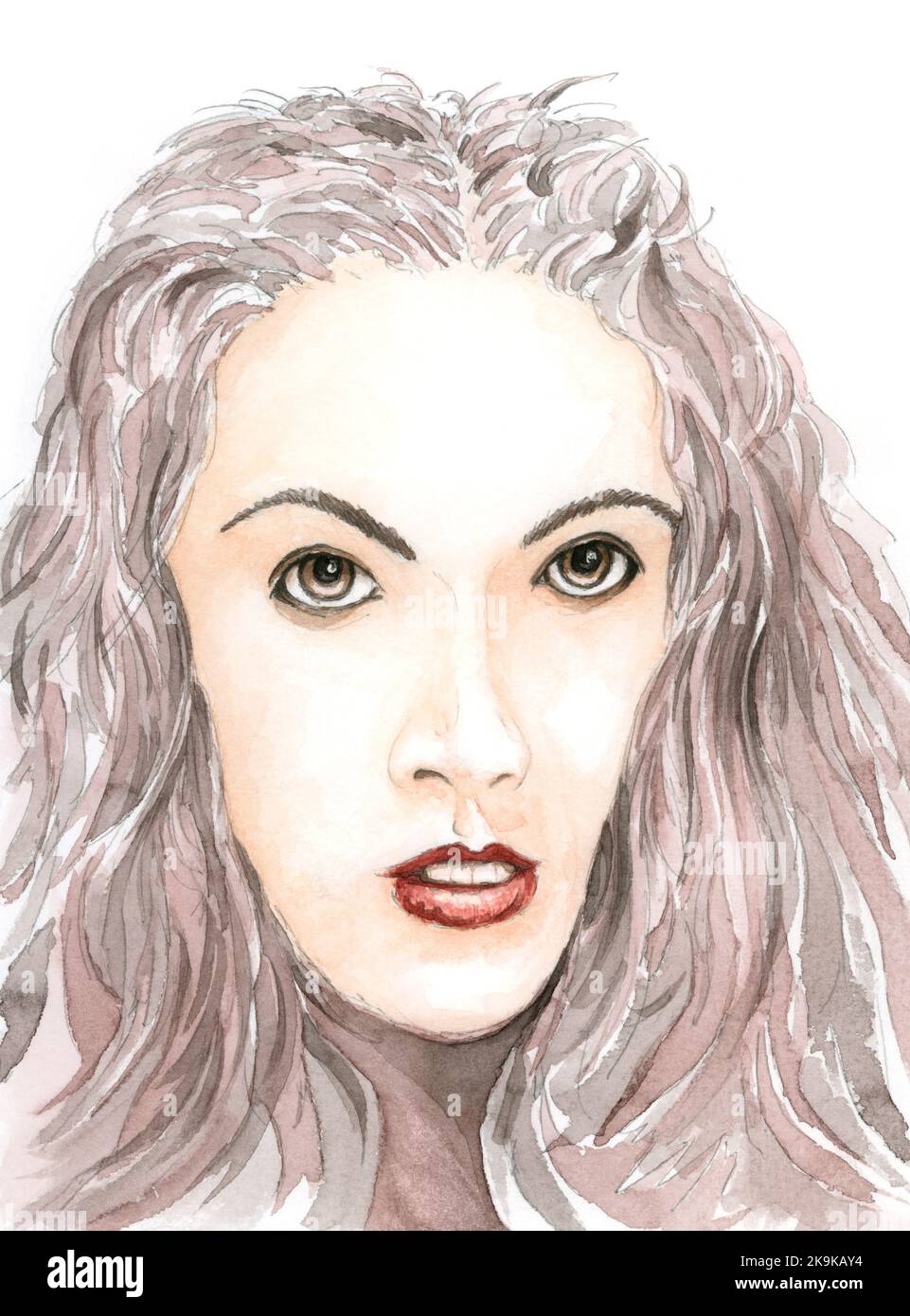 Portrait de femme. Crayon graphite et aquarelle sur papier. Banque D'Images