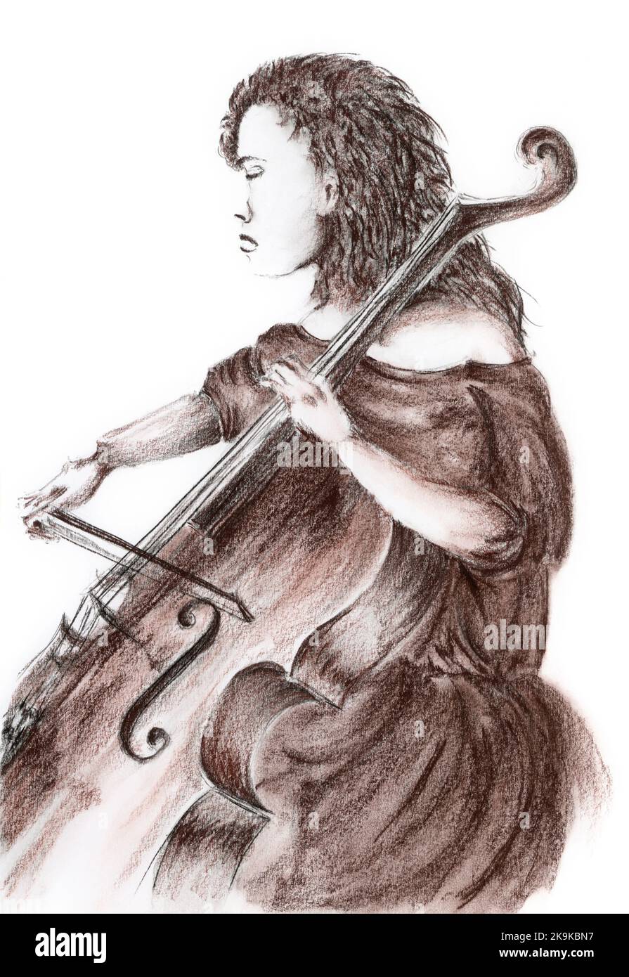Portrait de violoncelliste. Charbon de bois et sépia sur papier. Banque D'Images