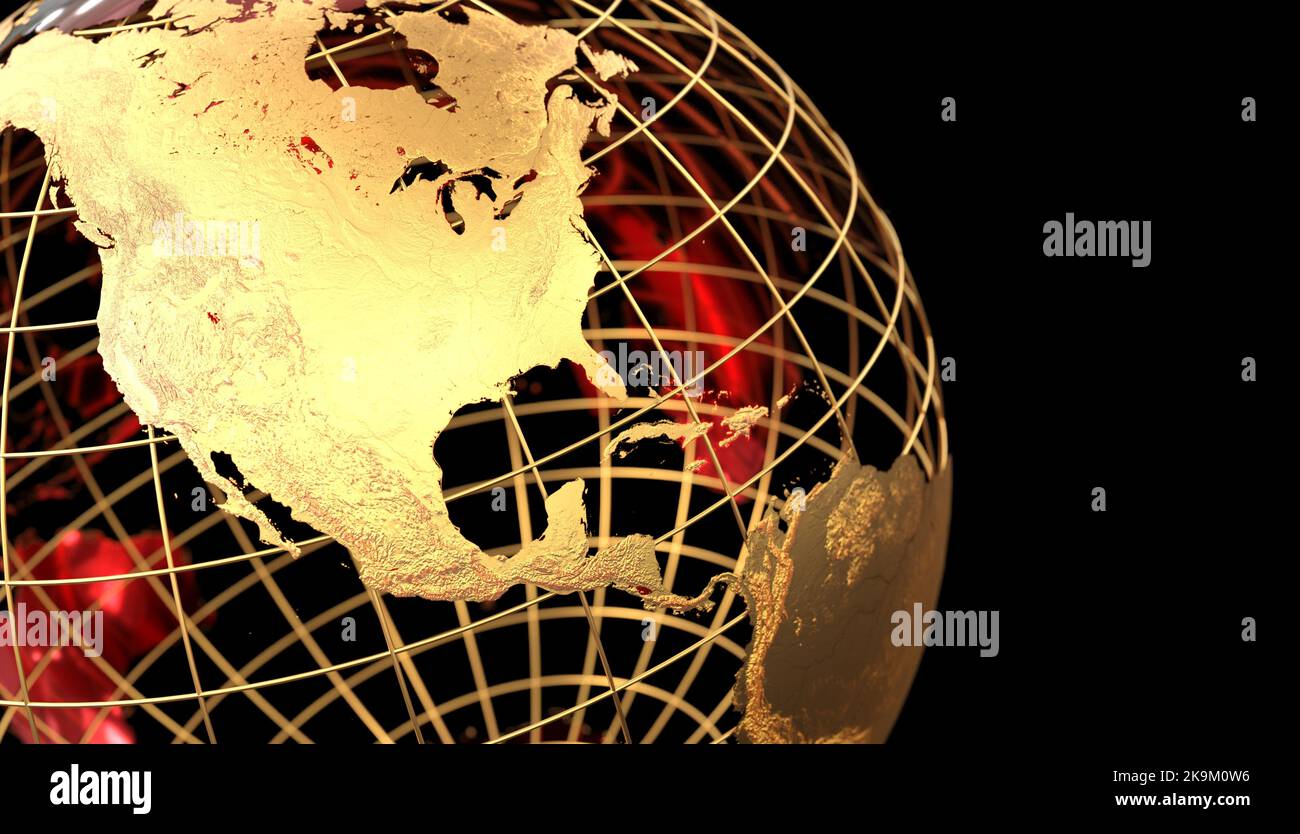globe terrestre doré finition métallique fond noir - rendu 3D Banque D'Images