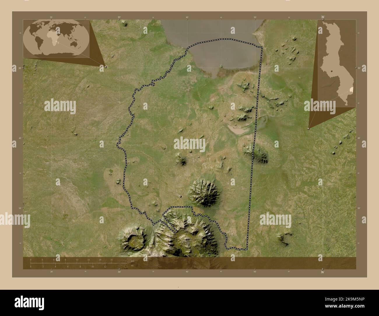 Phalombe, district du Malawi. Carte satellite basse résolution. Cartes d'emplacement auxiliaire d'angle Banque D'Images