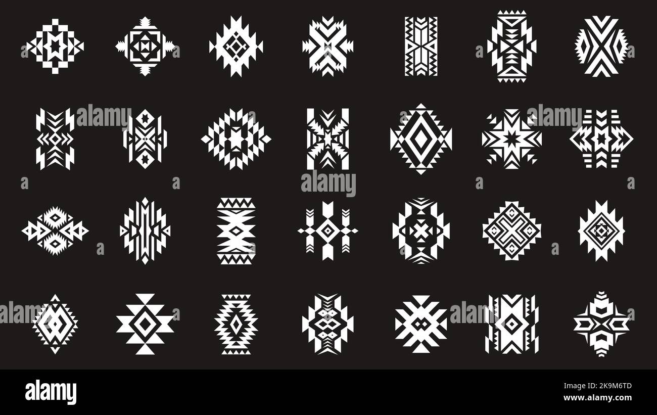 Tatouage géométrique Aztec. Ornements décoratifs abstraits ethniques, motif tribal amérindien ancien sur fond noir isolé. Ensemble de vecteurs Illustration de Vecteur