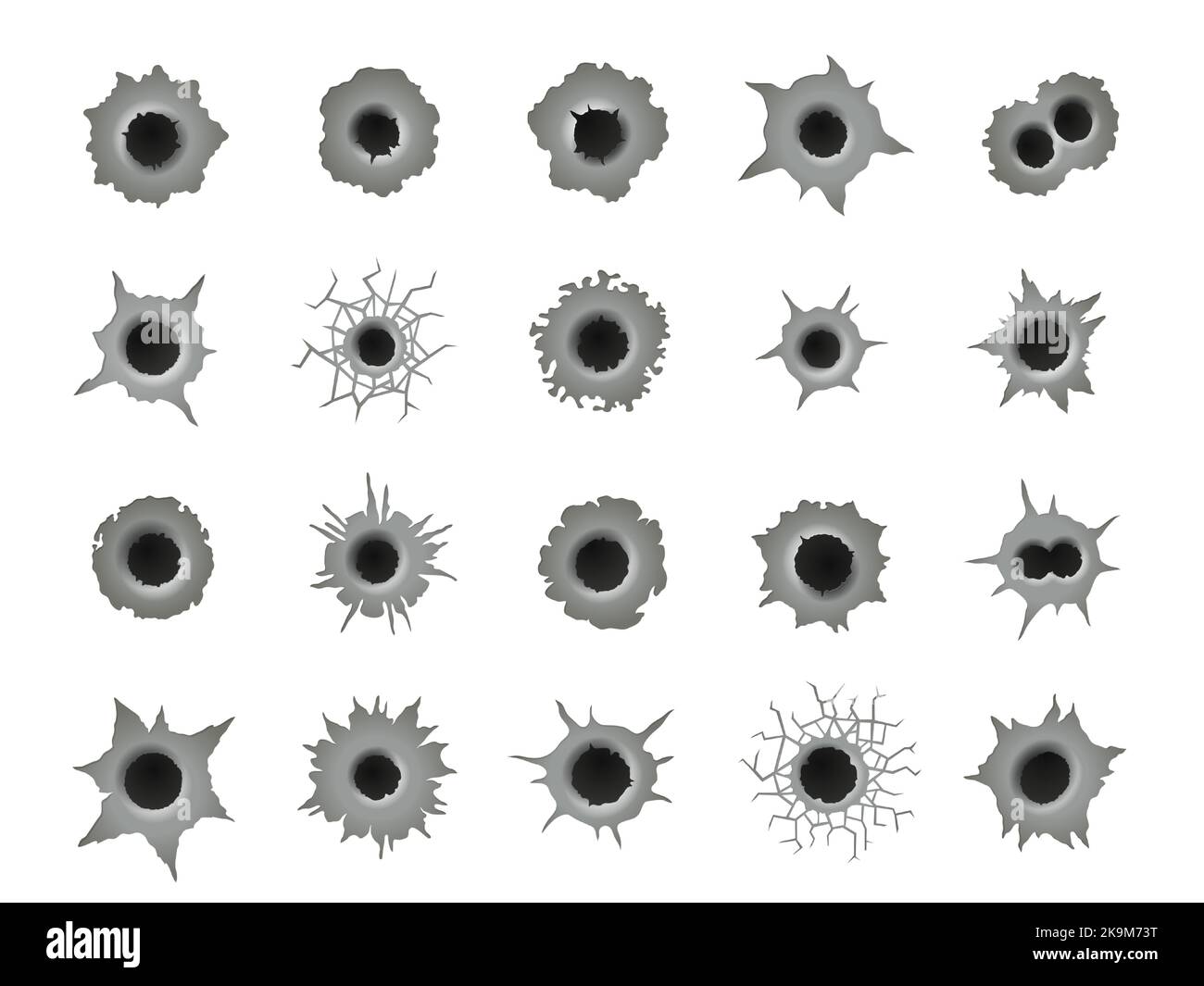 Trous de balle. Tir de canon marques déchiquetées, coup de canon bulléthole dégâts arme impact creux sur surface métallique acier concept de destruction criminelle. Ensemble de vecteurs Illustration de Vecteur