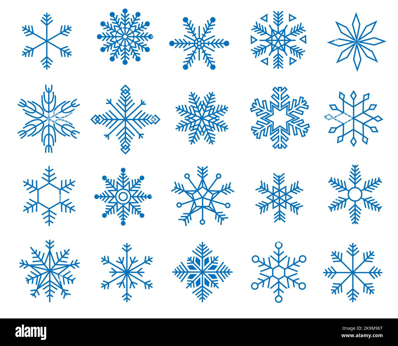 Flocons de neige Doodle. Variations de neige bleu d'hiver symétrique flocons, géométrique cristal gelé icônes Noël décoration du nouvel an. Collection de vecteurs Illustration de Vecteur